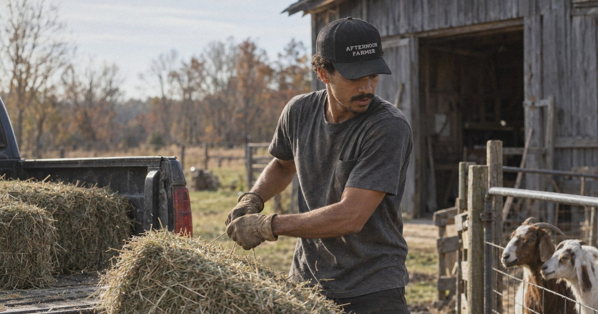 Afternoon Farmer Trucker Hat in Black, tossing hay to the goats