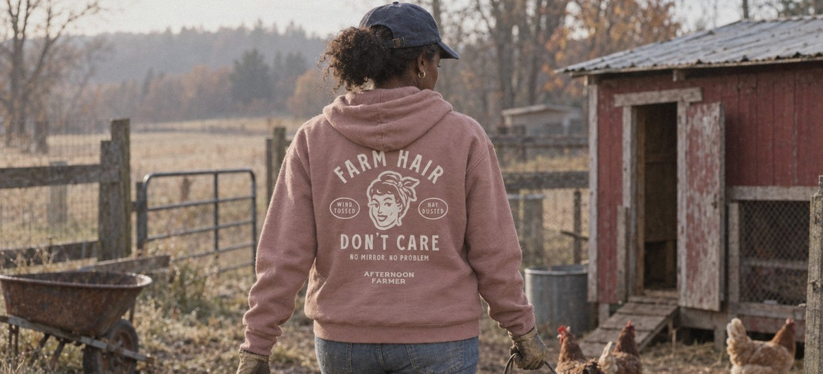 Farm Hair, Don't Care Hoodie in Dusty Rose, feeding the hens
