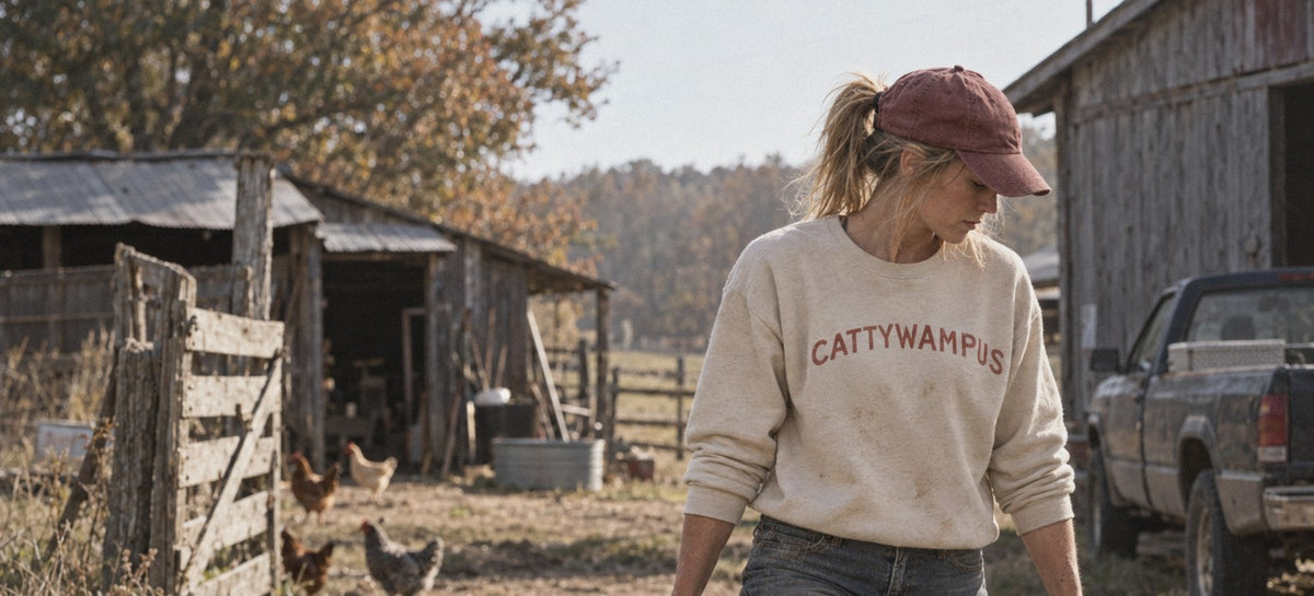 Cattywampus Crewneck in Bone, carrying water buckets