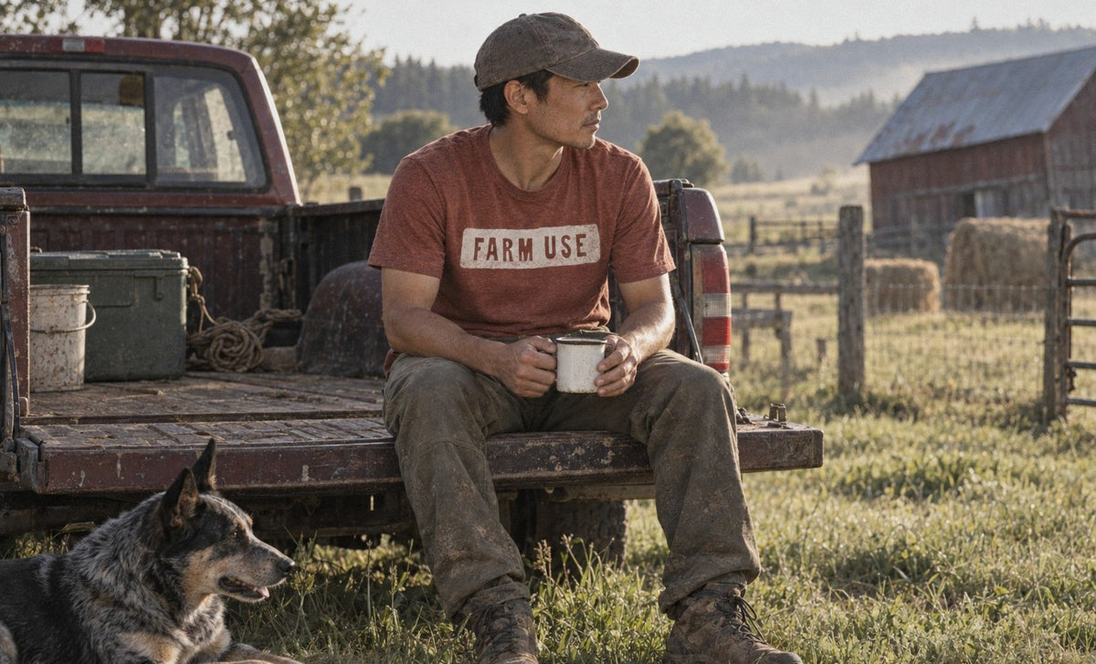 Farm Use Tee in Heather Clay, coffee on the tailgate