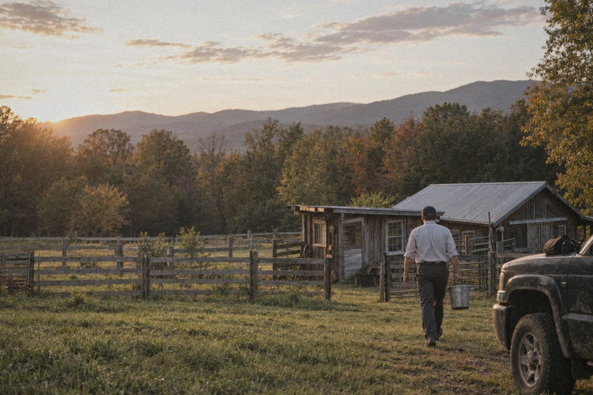 A farmer walking from his truck to the barn with a feed bucket at sunset