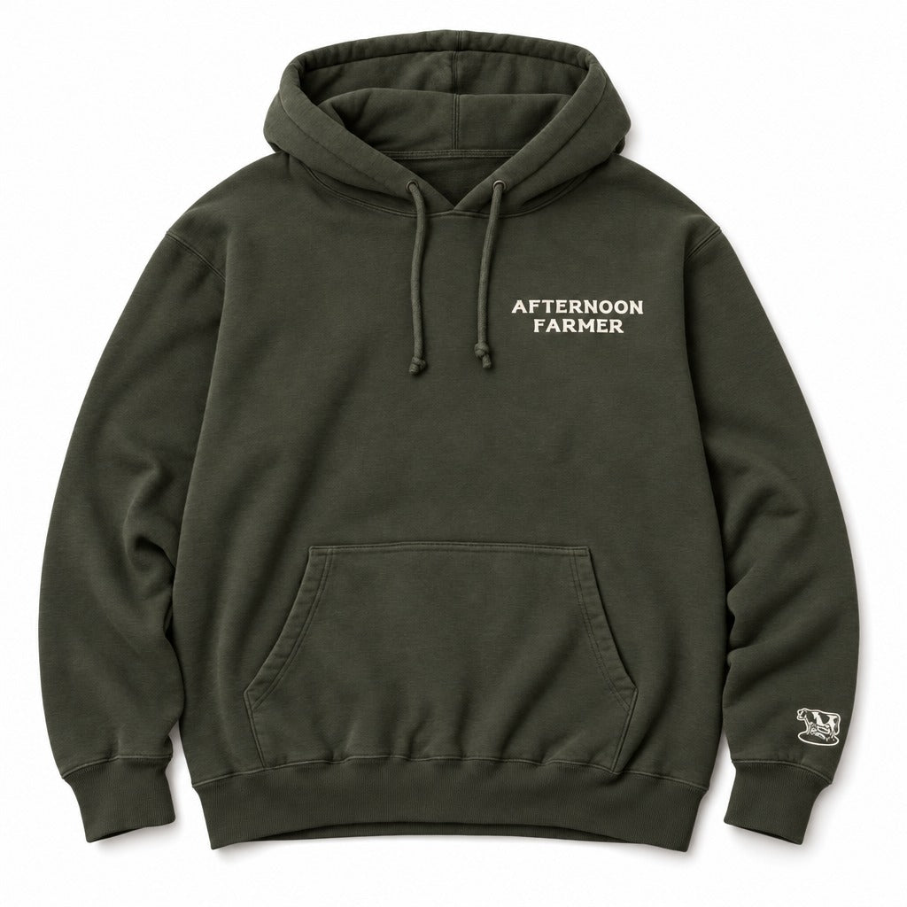 Afternoon Farmer Logo Hoodie in Military Green, full front