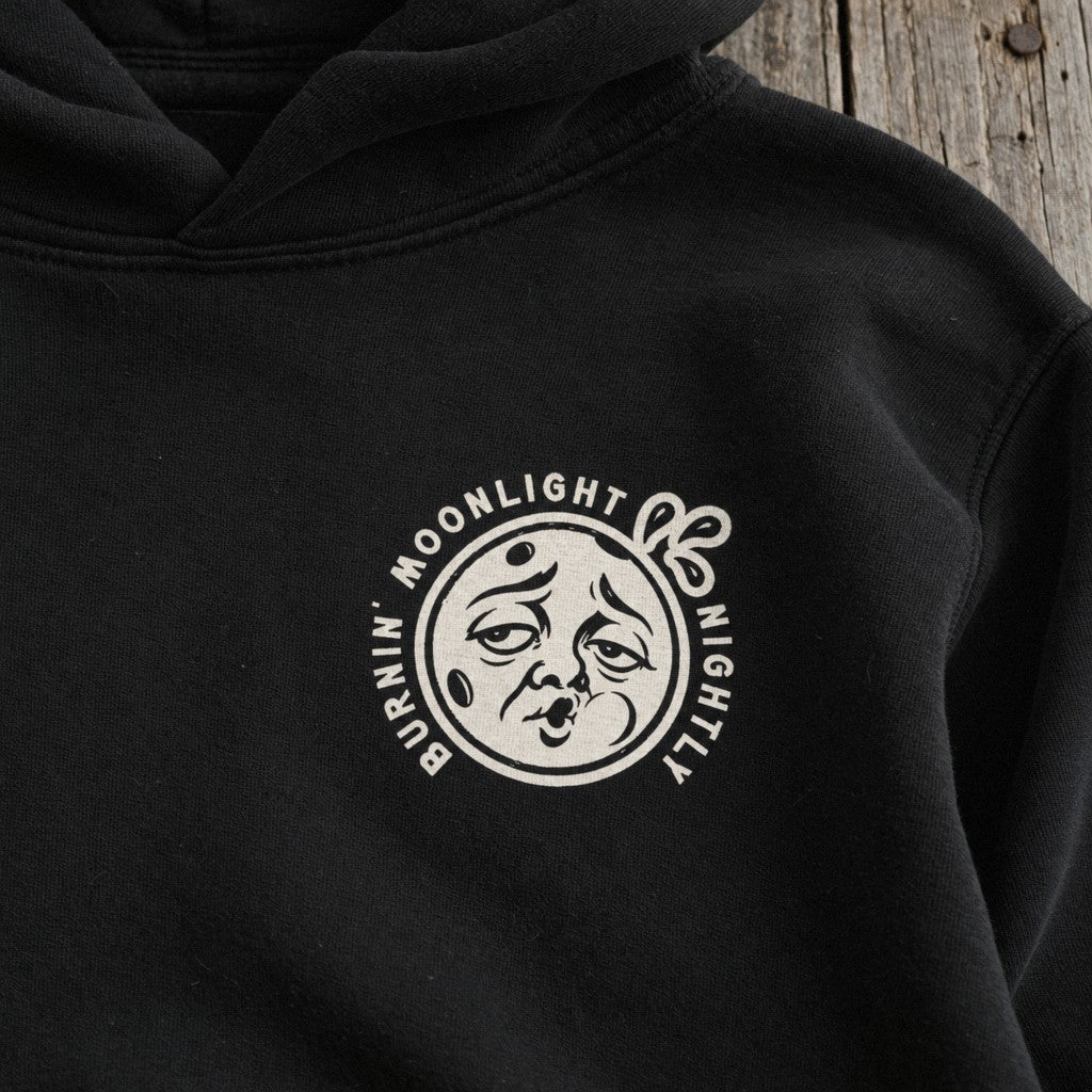 Burnin’ Moonlight Hoodie in Black, close-up front