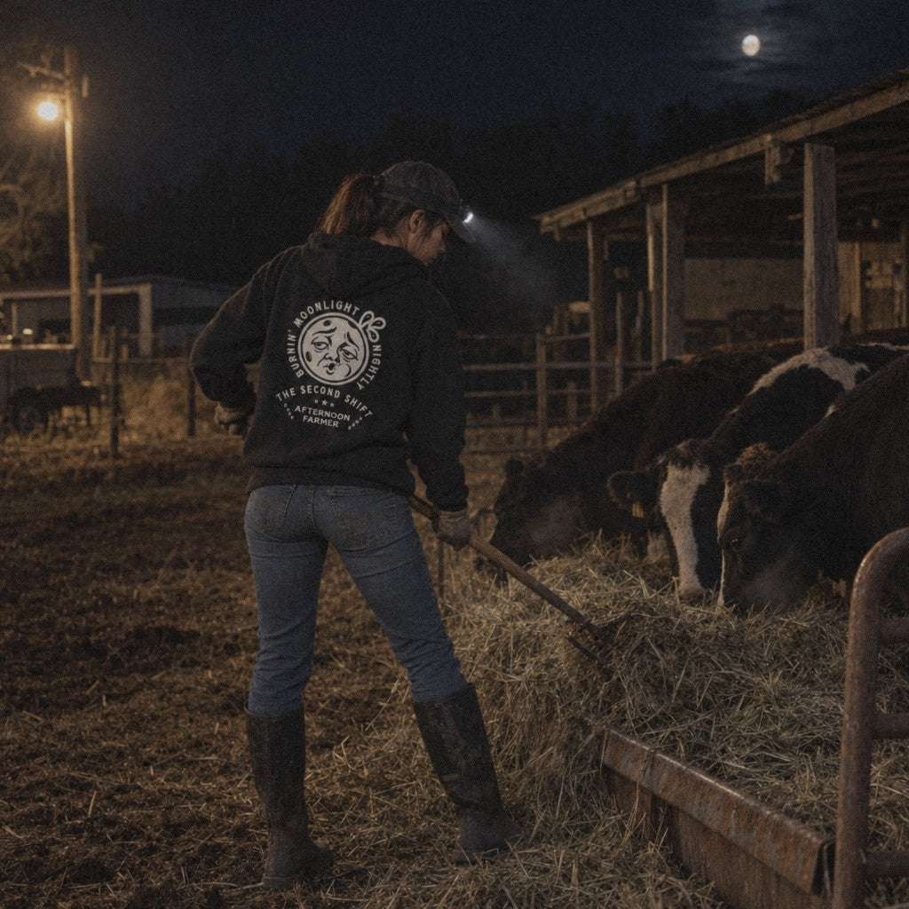Burnin’ Moonlight Hoodie in Black, headlamp chores