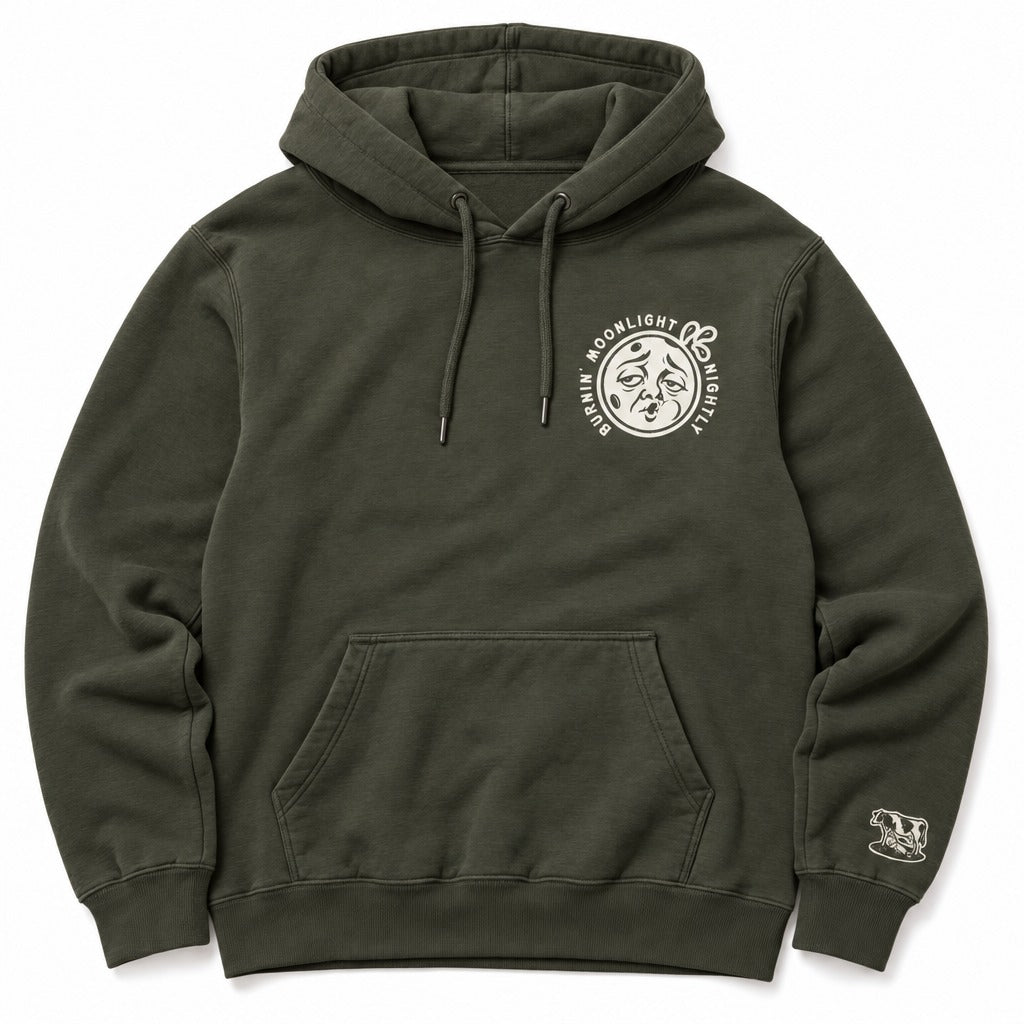 Burnin’ Moonlight Hoodie in Military Green, full front
