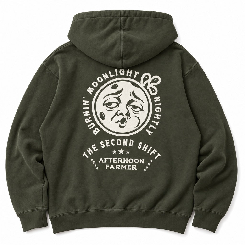 Burnin’ Moonlight Hoodie in Military Green, full back
