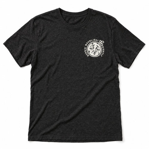 Burnin’ Moonlight Tee in Black Heather, full front