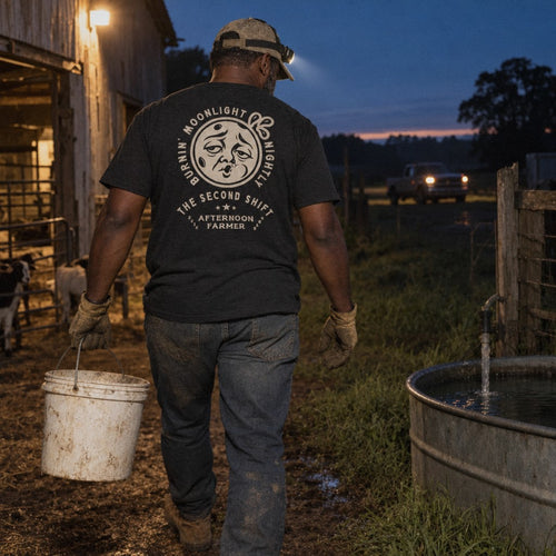 Burnin’ Moonlight Tee in Black Heather, before dawn, headlamp on