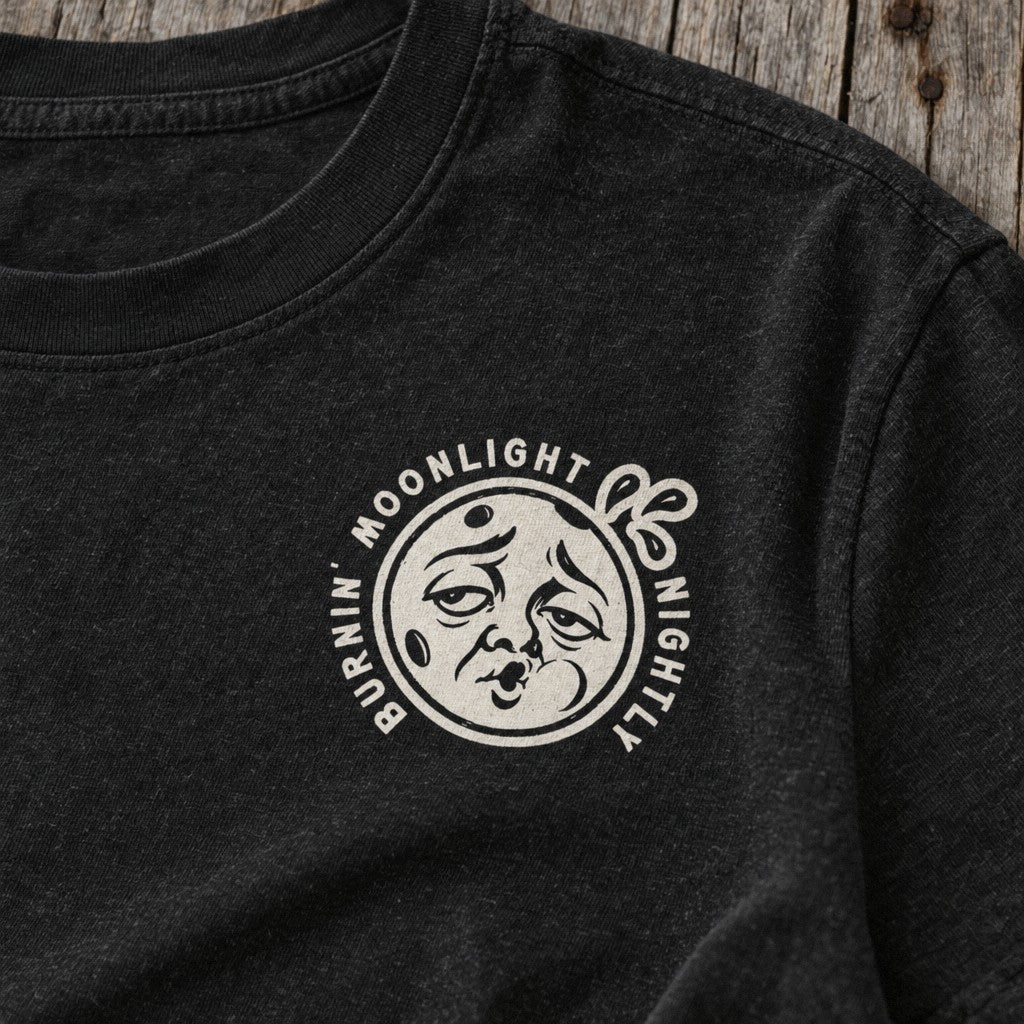 Burnin’ Moonlight Tee in Black Heather, close-up front