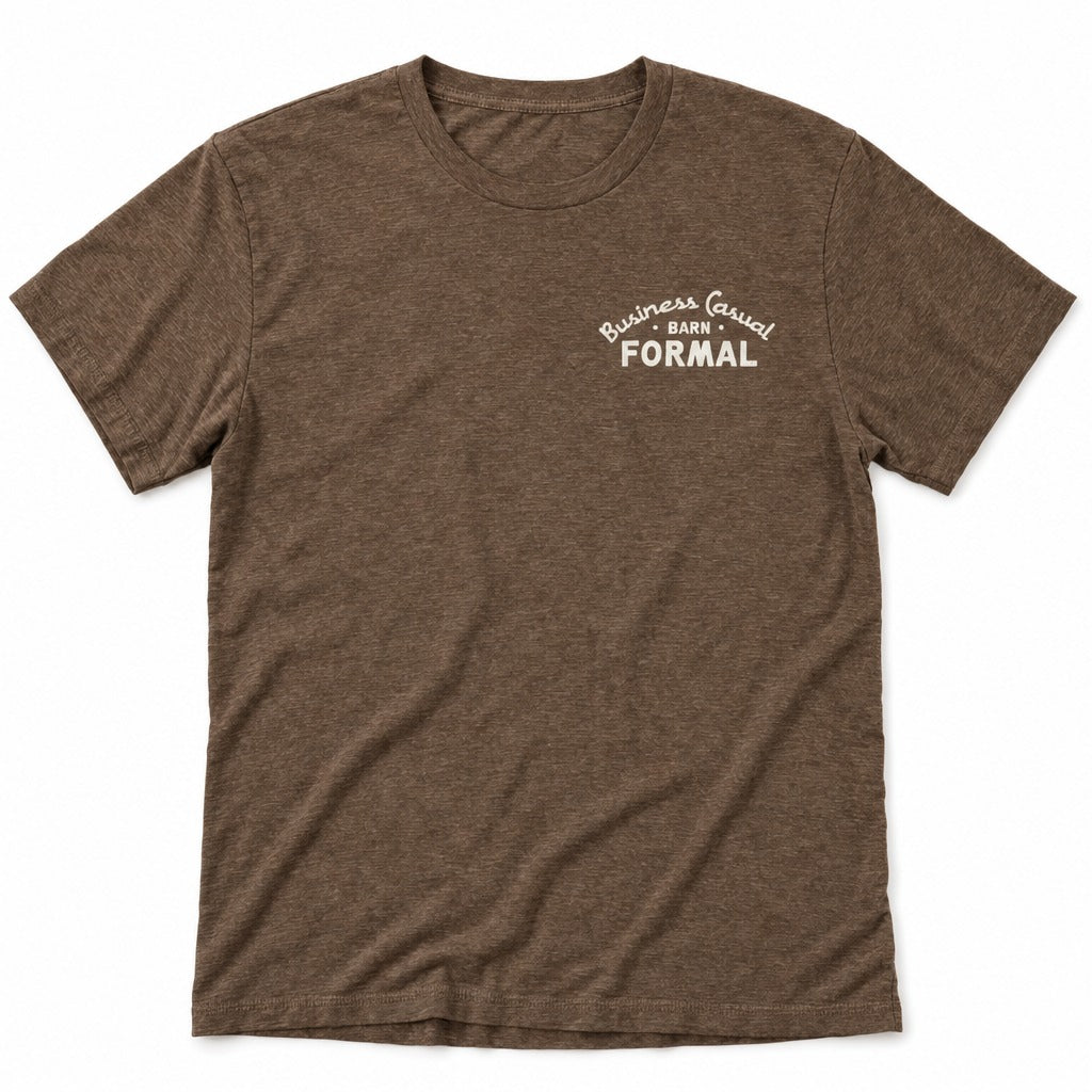 Business Casual, Barn Formal Tee in Heather Brown, full front