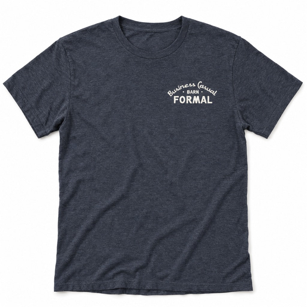 Business Casual, Barn Formal Tee in Heather Navy, full front