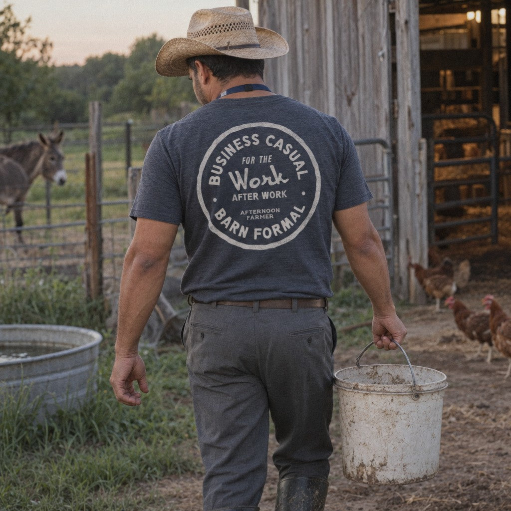 Business Casual, Barn Formal Tee in Heather Navy, straight from the office