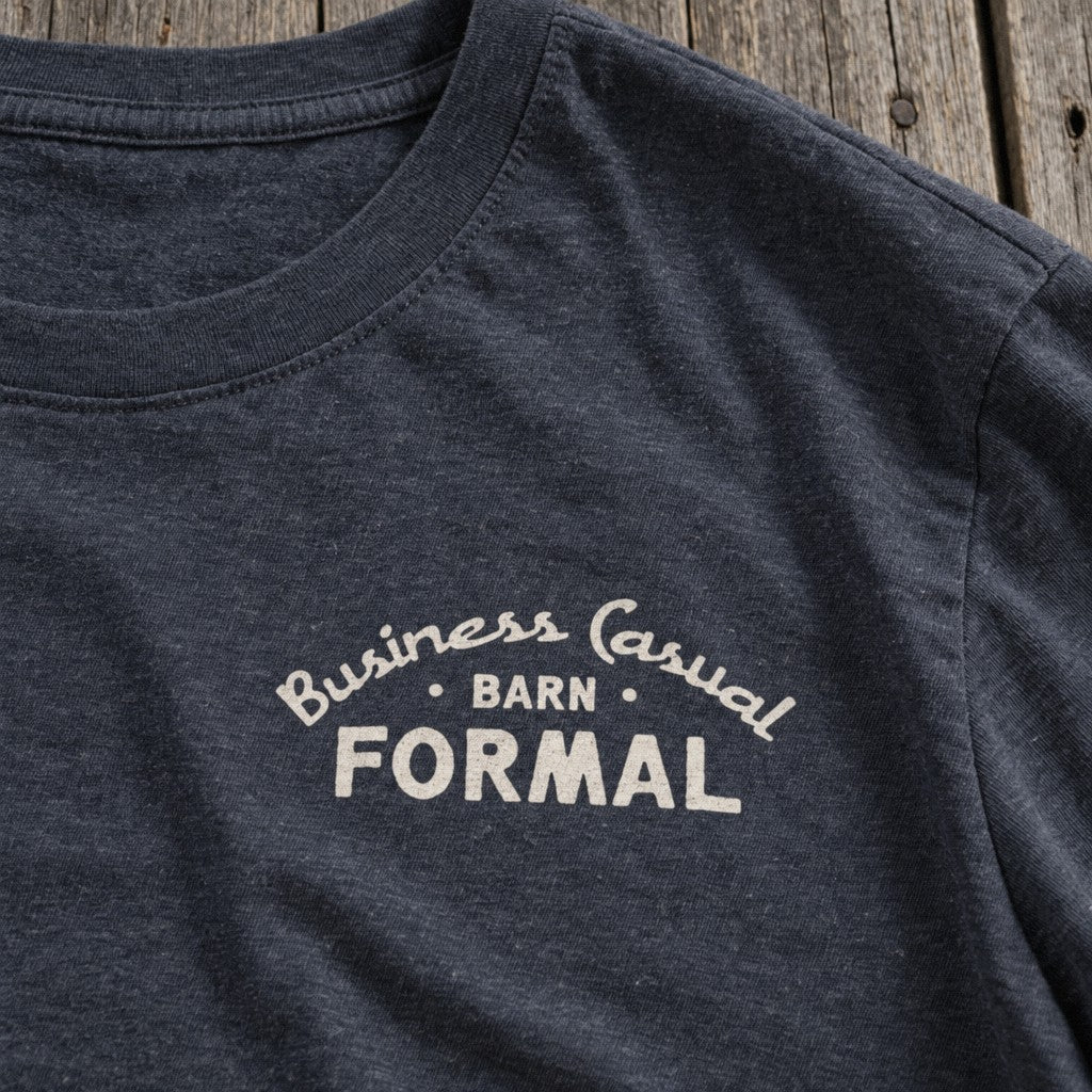 Business Casual, Barn Formal Tee in Heather Navy, close-up front