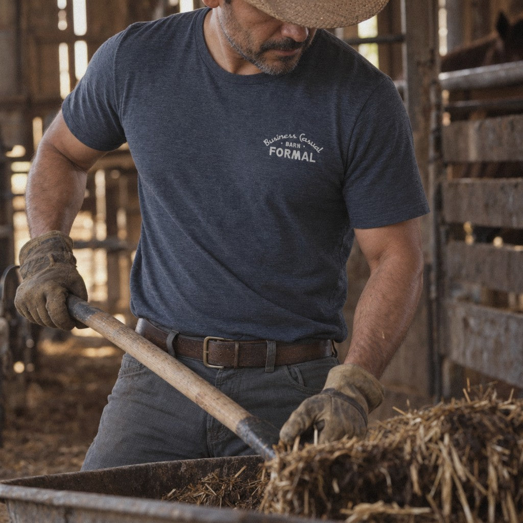 Business Casual, Barn Formal Tee in Heather Navy, mucking a stall