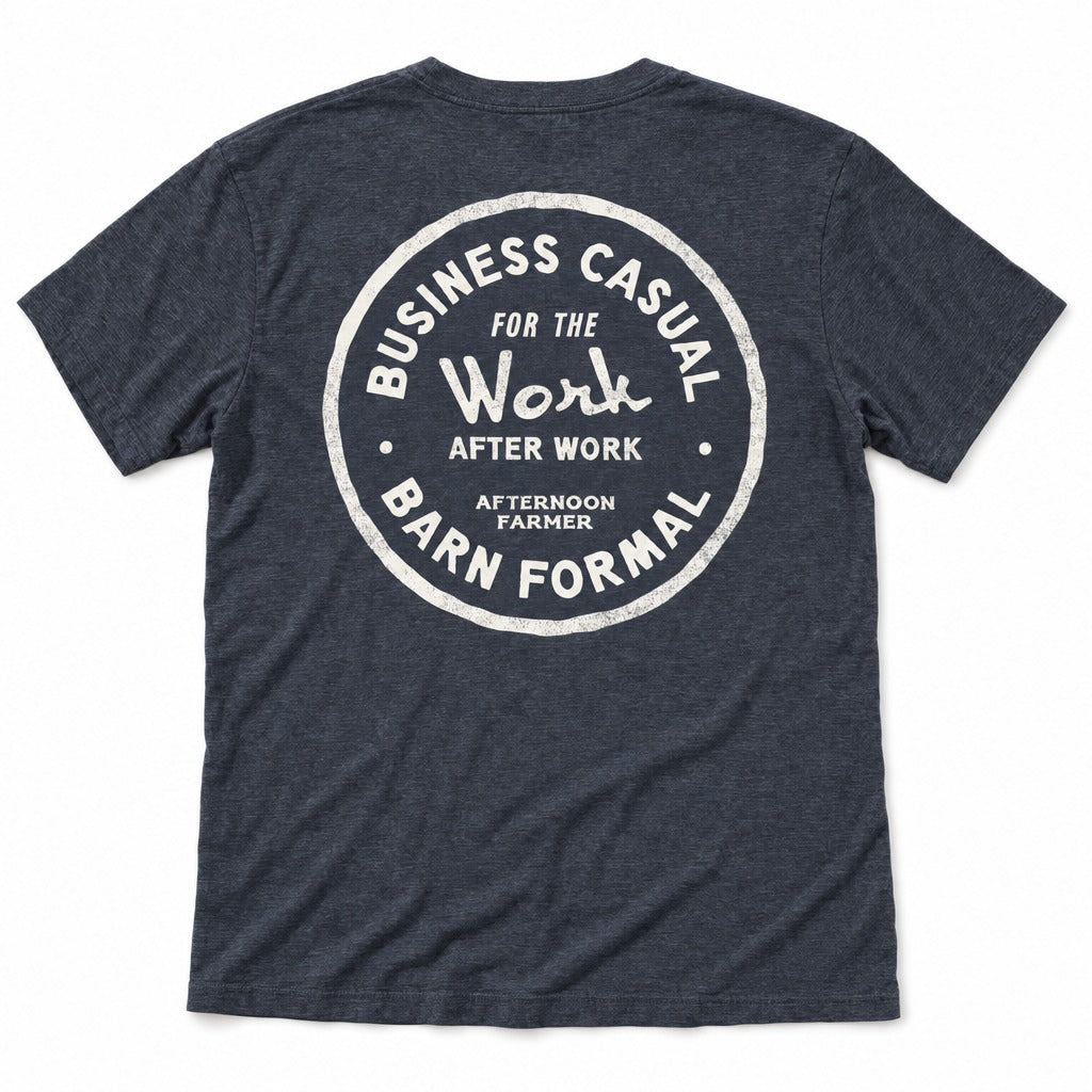 Business Casual, Barn Formal Tee in Heather Navy, full back