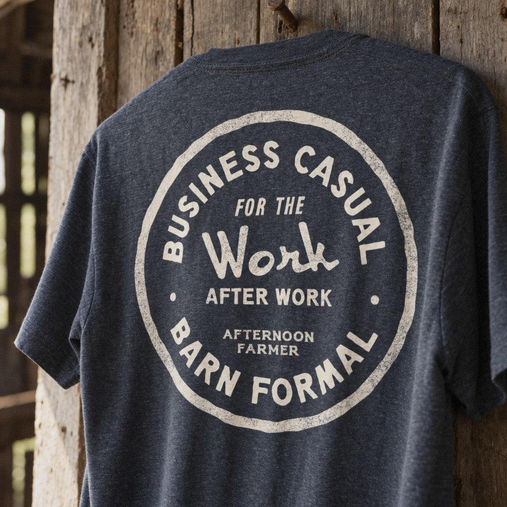 Business Casual, Barn Formal Tee in Heather Navy, close-up back