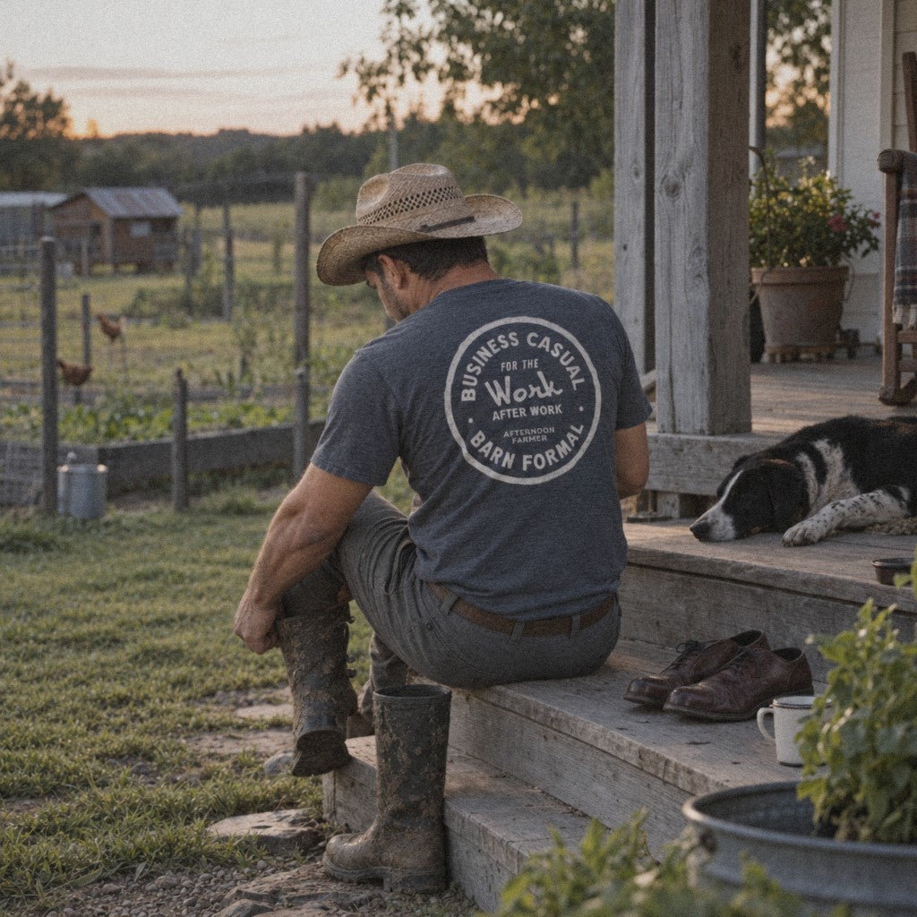 Business Casual, Barn Formal Tee in Heather Navy, boots off on the porch