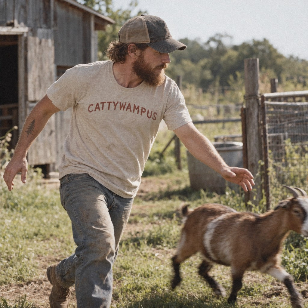 Cattywampus Tee in Heather Dust, loose goat