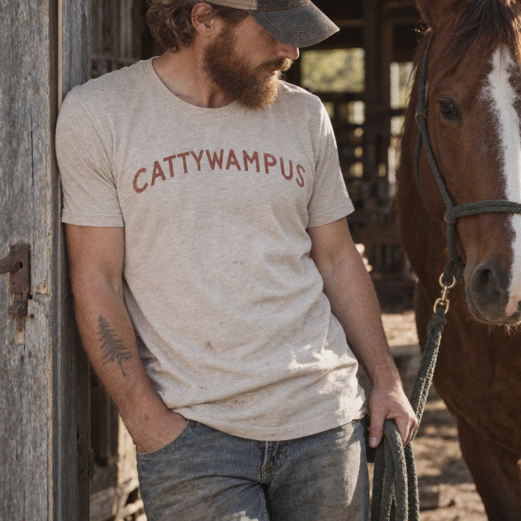 Cattywampus Tee in Heather Dust, barn doorway break