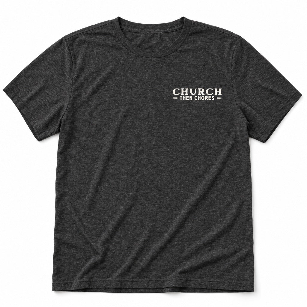Church, Then Chores Tee in Black Heather, full front