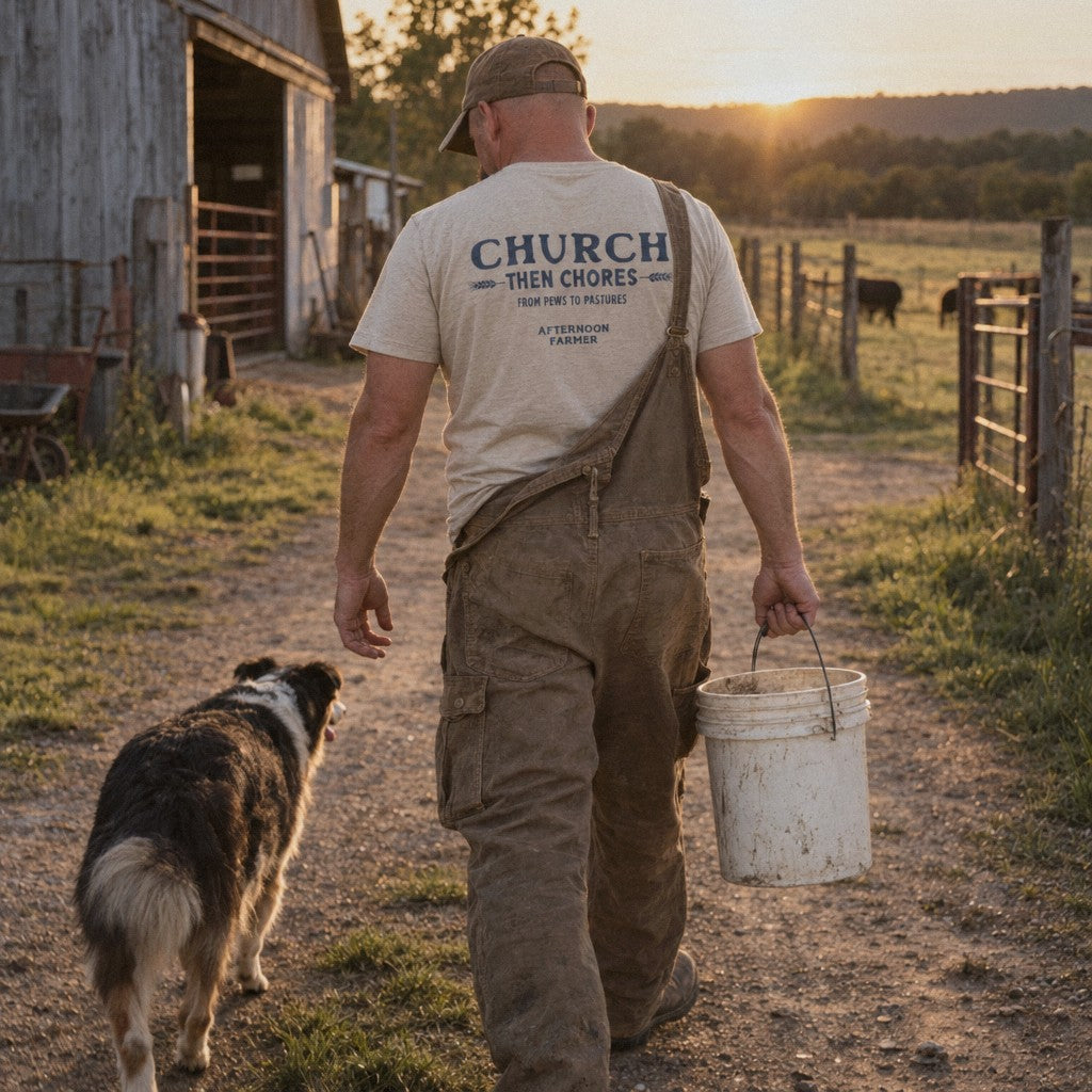 Church, Then Chores Tee in Heather Dust, walking the lane