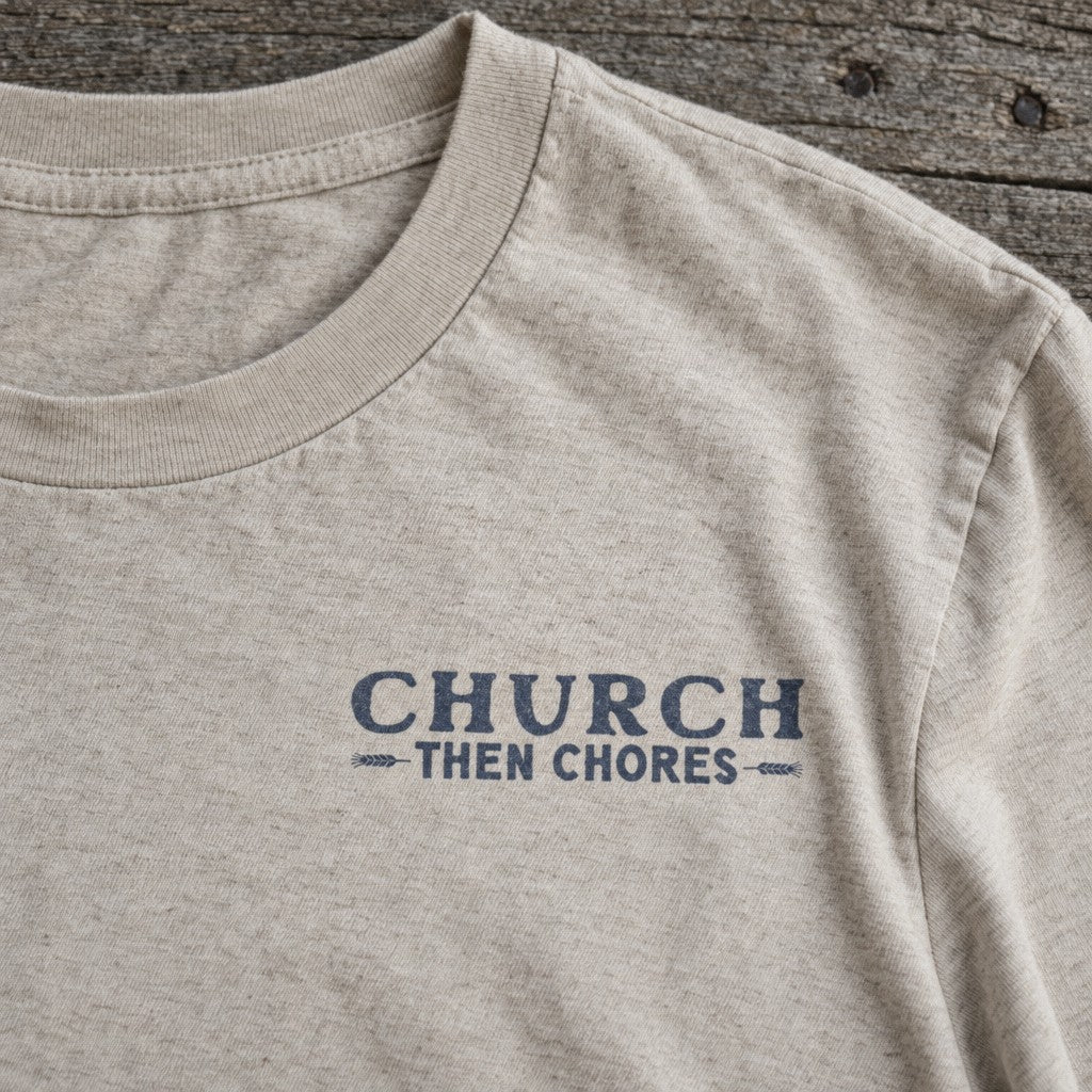 Church, Then Chores Tee in Heather Dust, close-up front