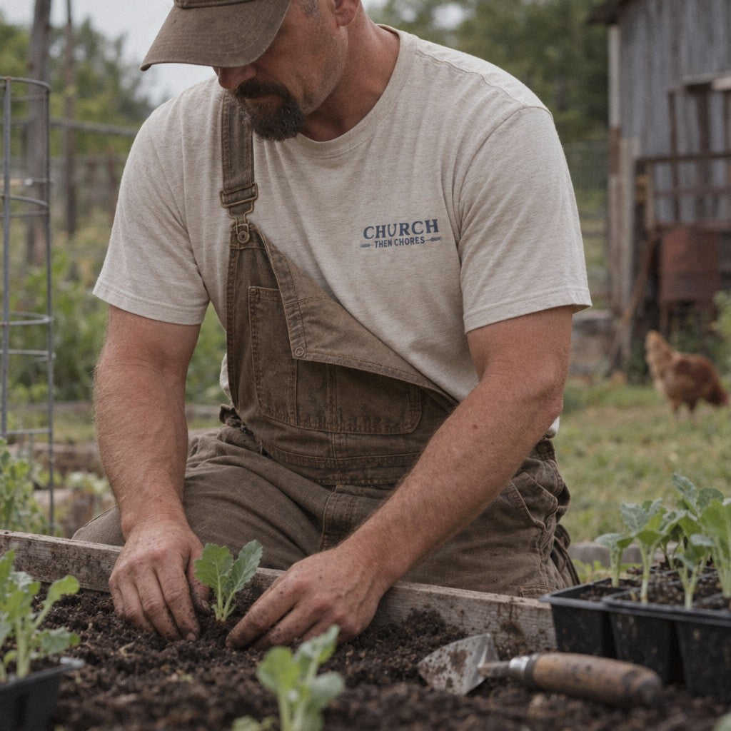 Church, Then Chores Tee in Heather Dust, garden planting