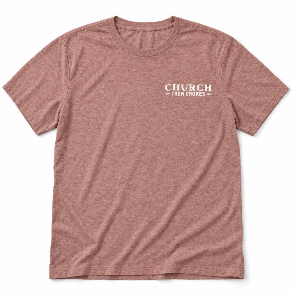 Church, Then Chores Tee in Heather Mauve, full front