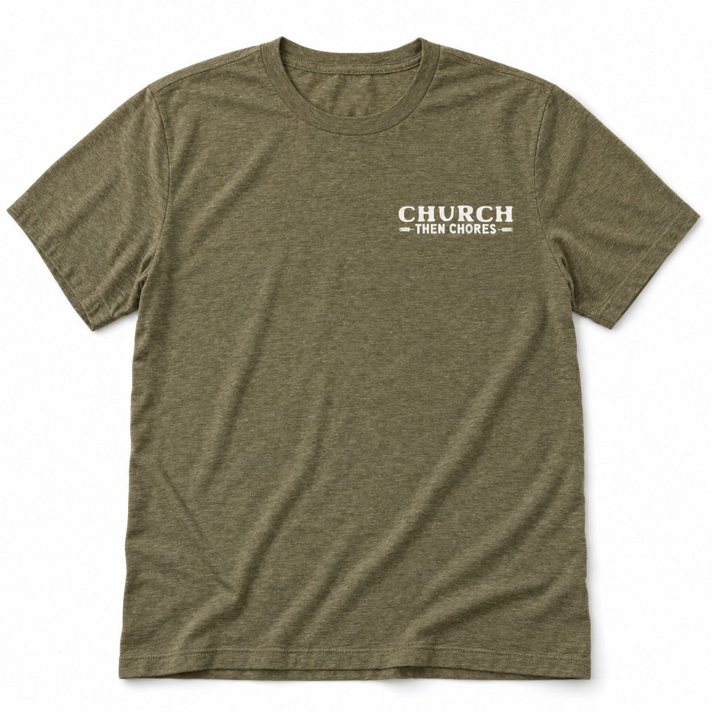 Church, Then Chores Tee in Heather Olive, full front