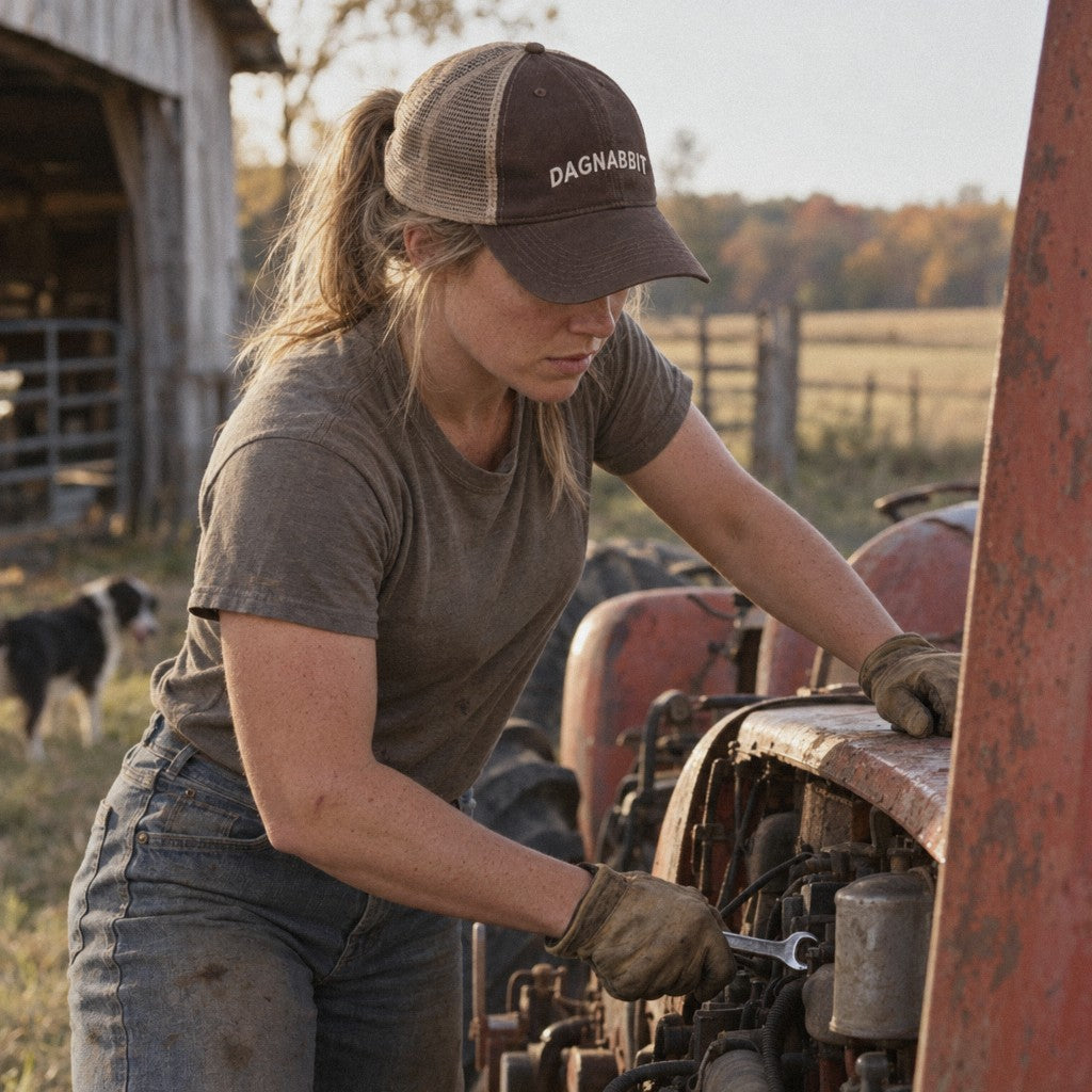 Dagnabbit Trucker Hat in Brown/ Khaki, tractor won't start