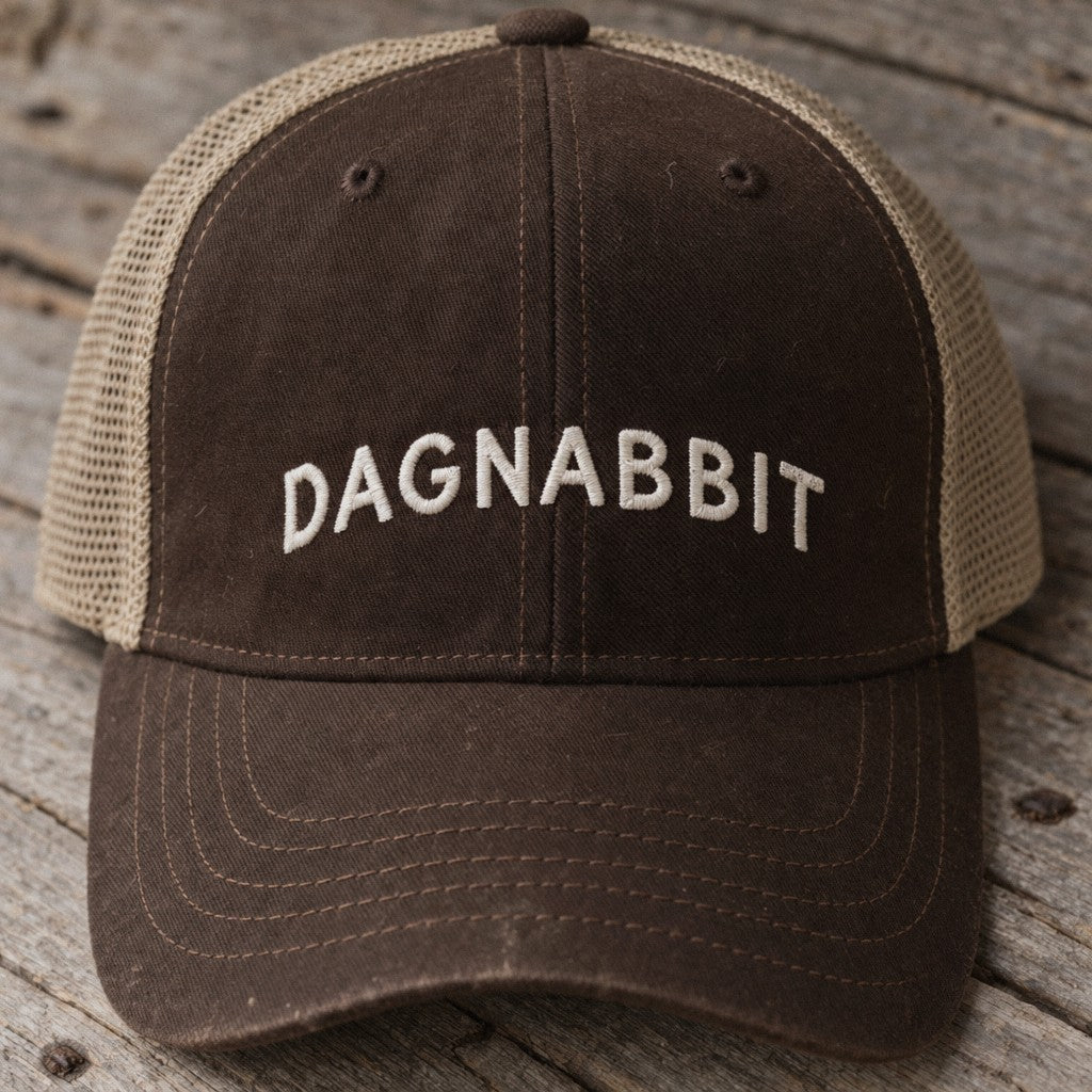 Dagnabbit Trucker Hat in Brown/ Khaki, close-up front