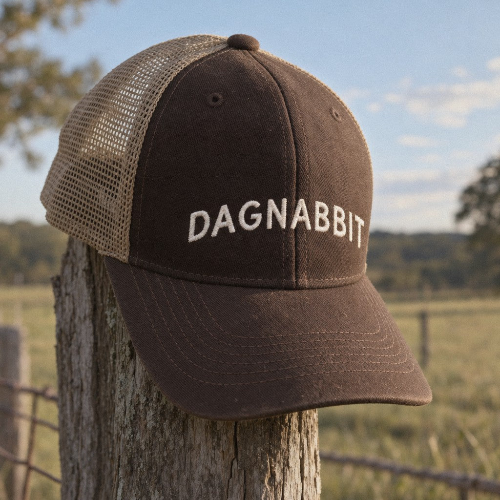 Dagnabbit Trucker Hat in Brown/ Khaki, close-up hanging