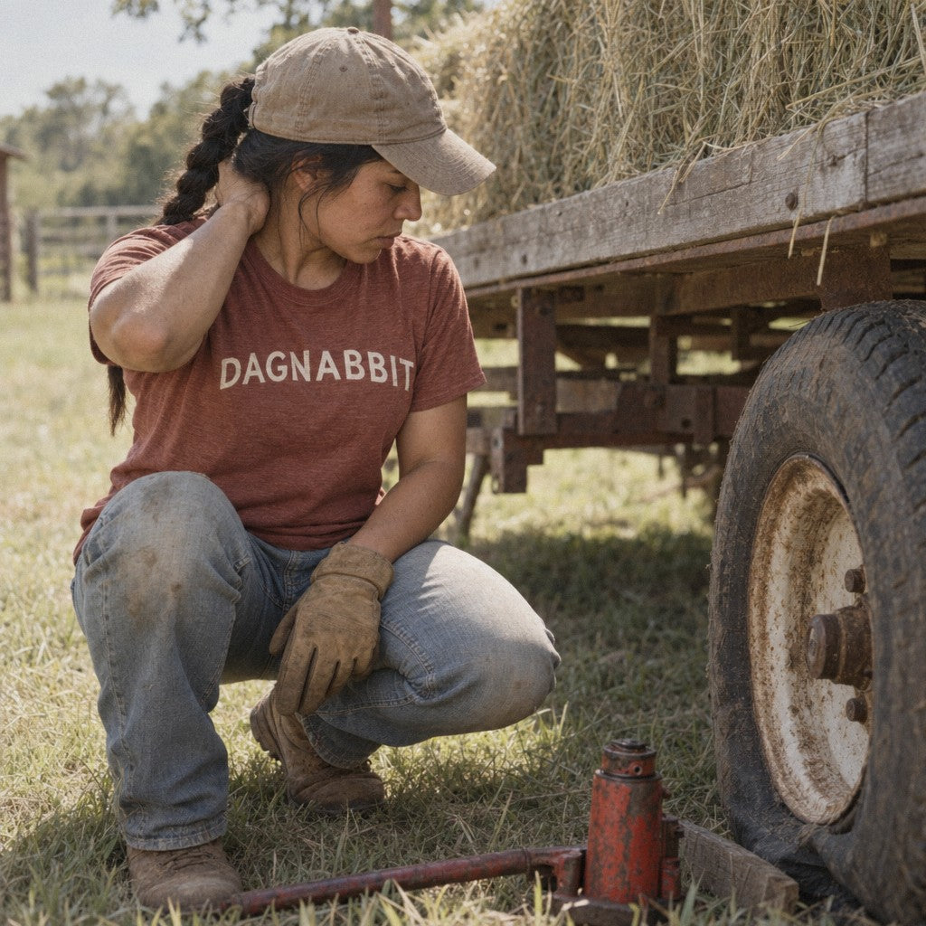 Dagnabbit Tee in Heather Clay, flat tire on the wagon