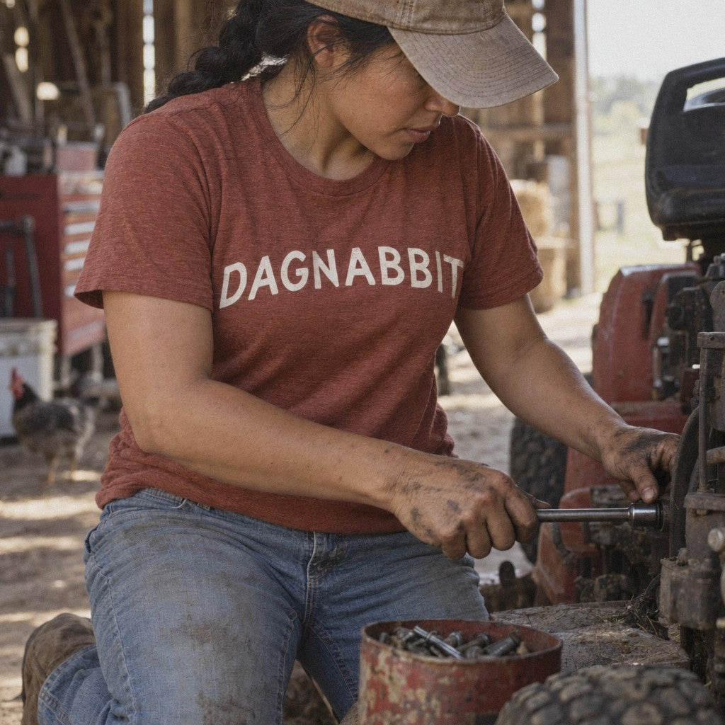 Dagnabbit Tee in Heather Clay, fixing the mower