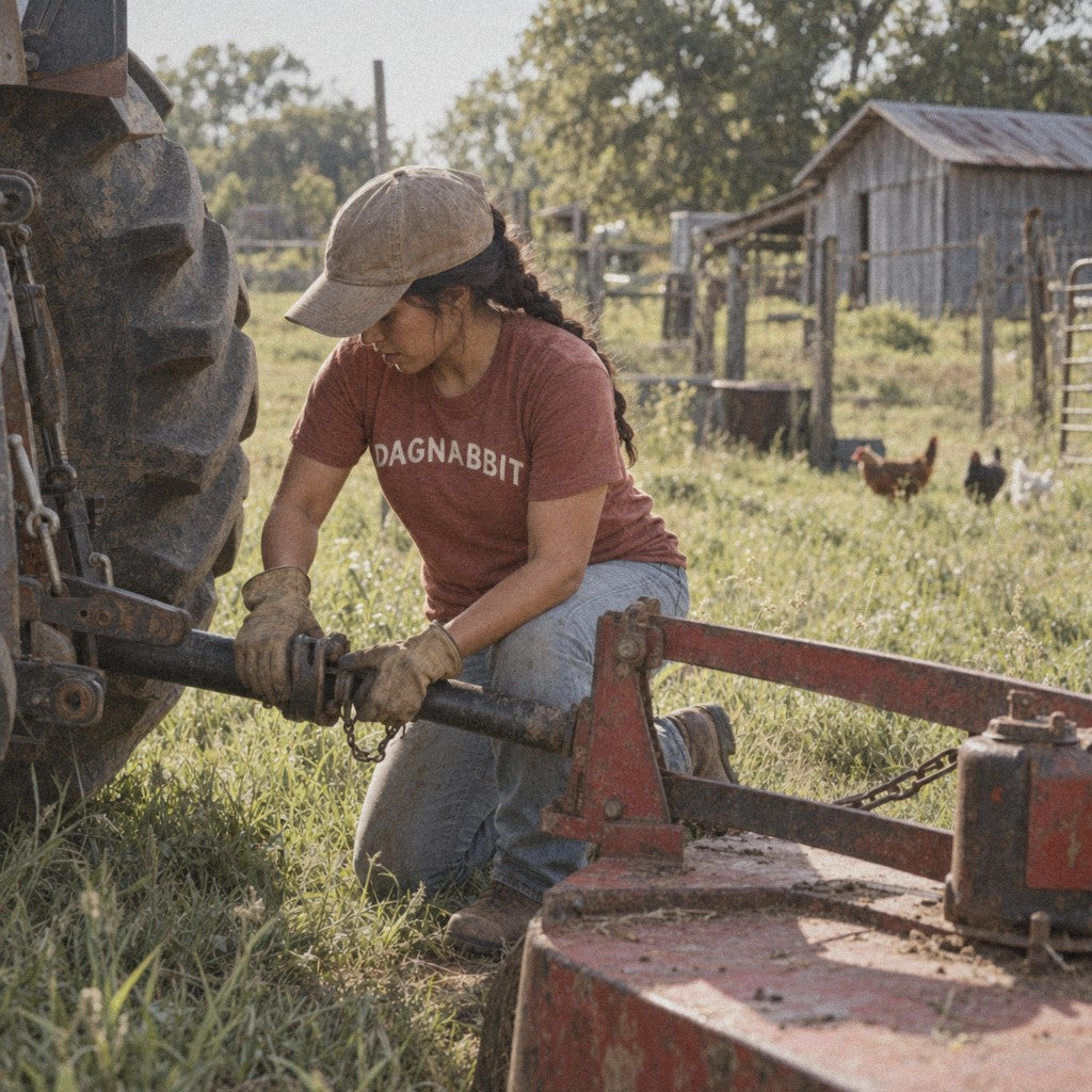 Dagnabbit Tee in Heather Clay, hooking up the PTO