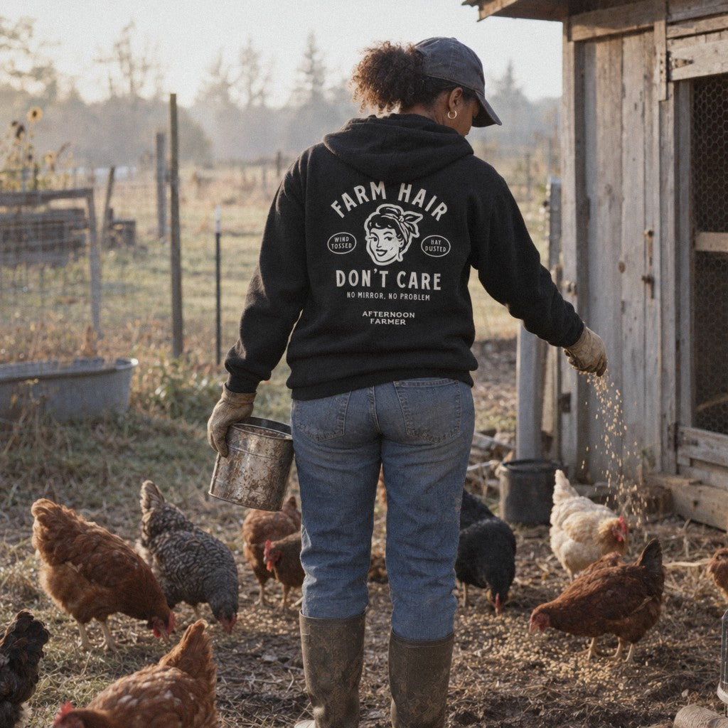 Farm Hair, Don't Care Hoodie in Black, feeding chickens
