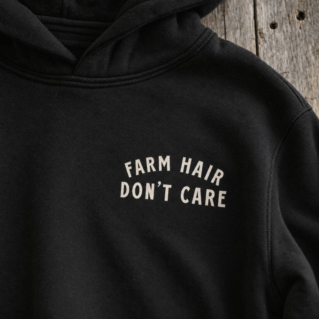 Farm Hair, Don't Care Hoodie in Black, close-up front