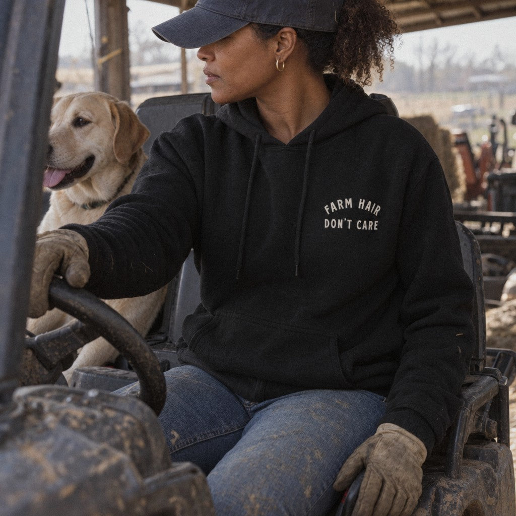Farm Hair, Don't Care Hoodie in Black, side-by-side ride