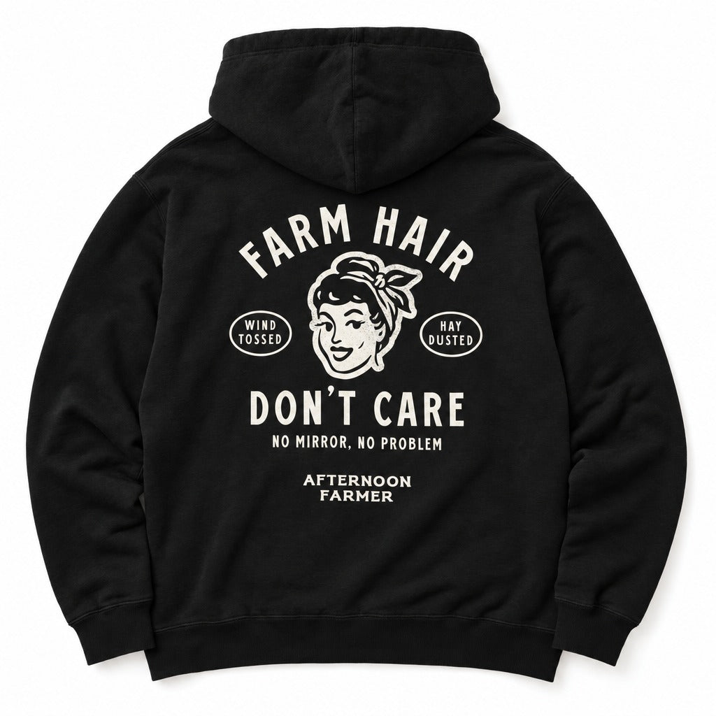Farm Hair, Don't Care Hoodie in Black, full back