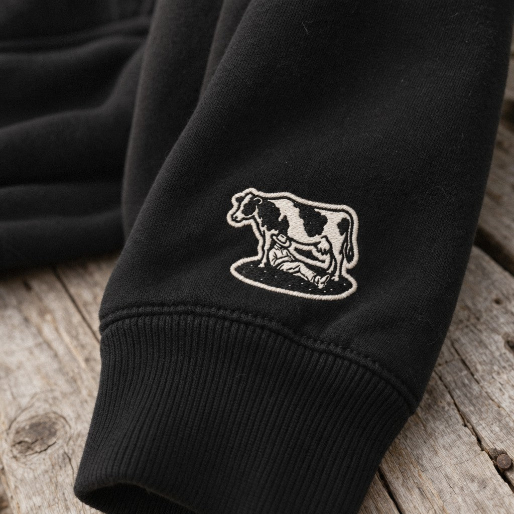 Farm Hair, Don't Care Hoodie in Black, close-up wrist