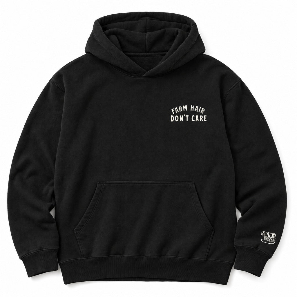 Farm Hair, Don't Care Hoodie in Black, full front
