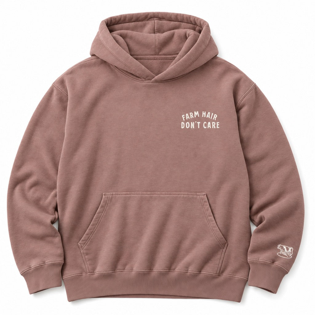 Farm Hair, Don't Care Hoodie in Dusty Rose, full front