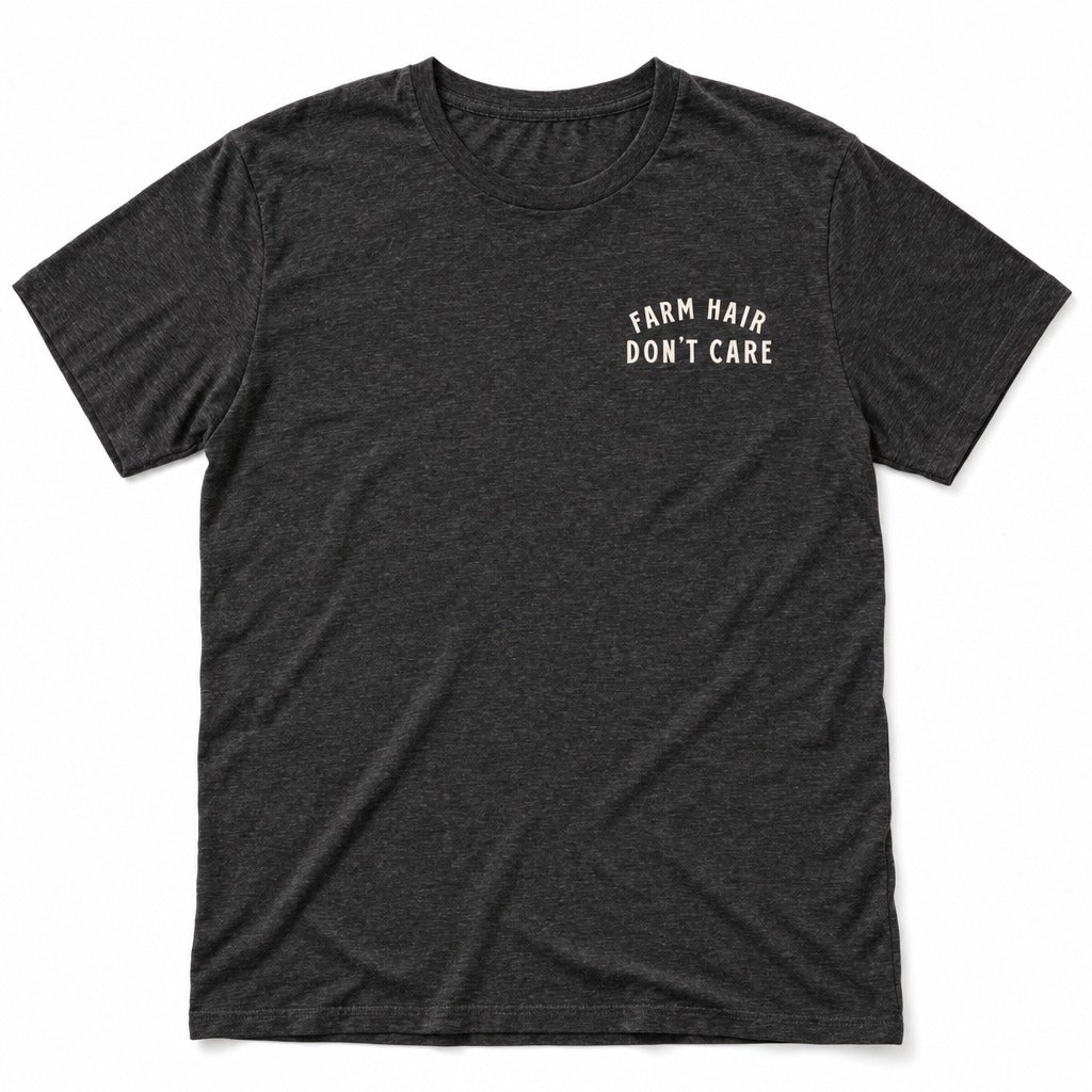 Farm Hair, Don’t Care Tee in Black Heather, full front
