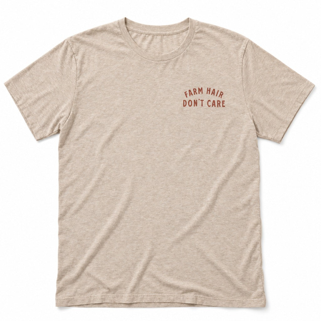 Farm Hair, Don’t Care Tee in Heather Dust, full front