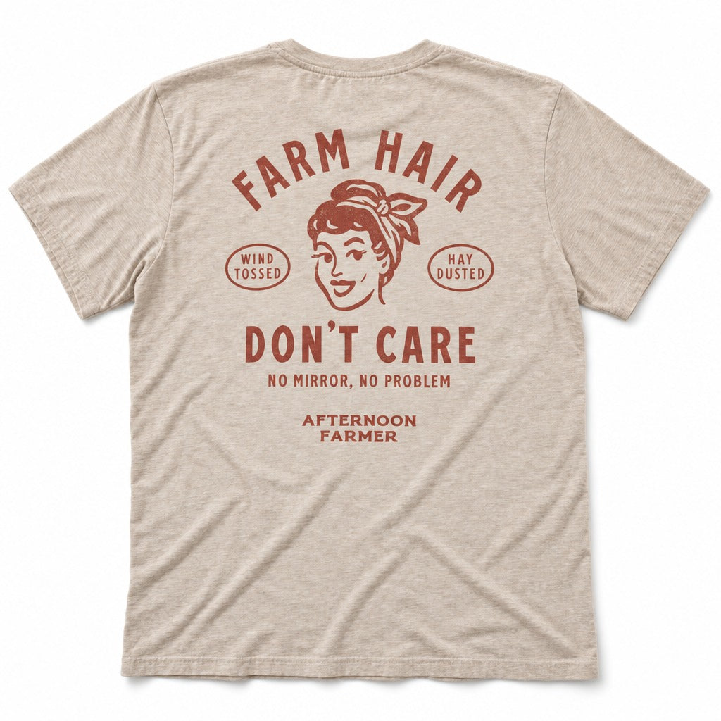 Farm Hair, Don’t Care Tee in Heather Dust, full back