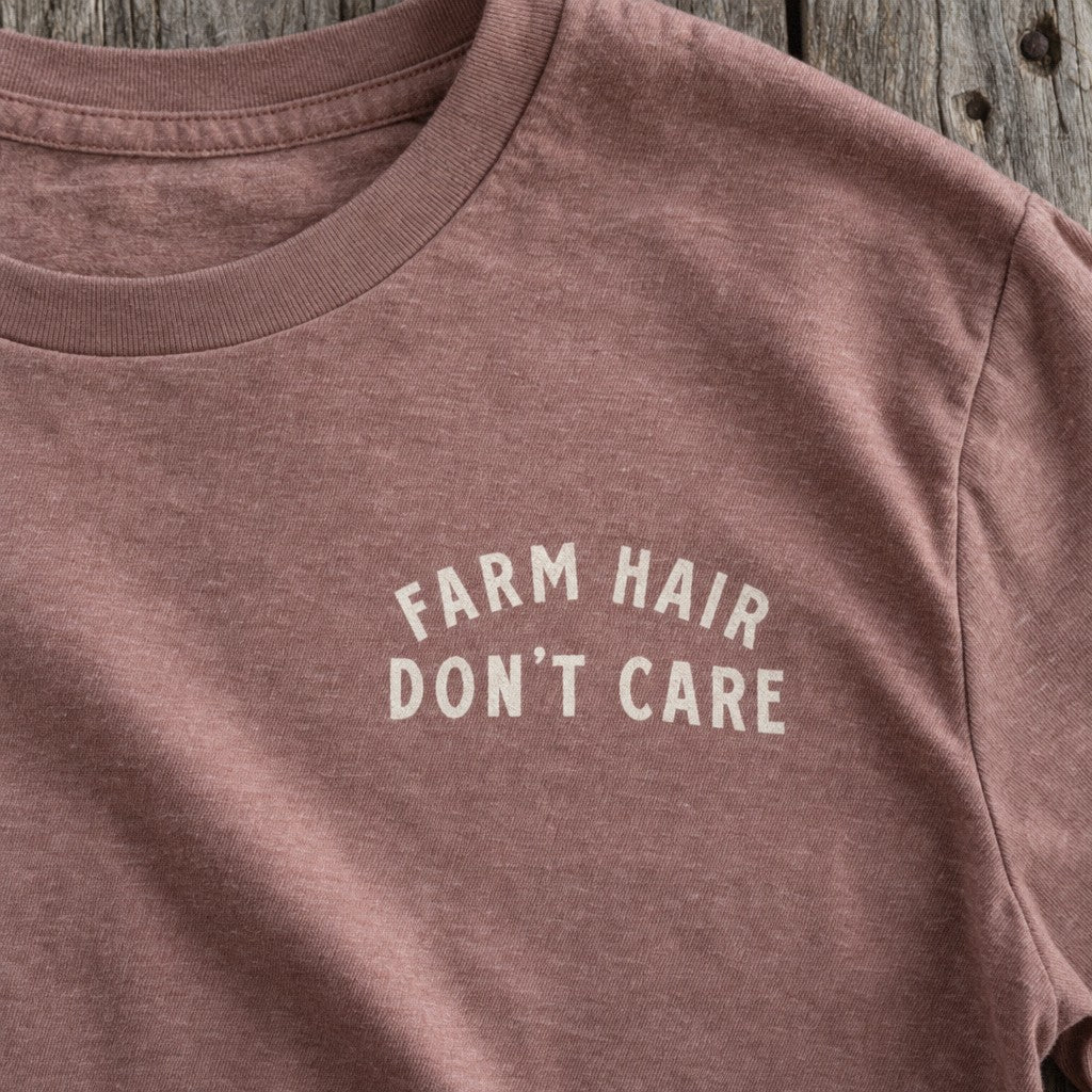 Farm Hair, Don’t Care Tee in Heather Mauve, close-up front