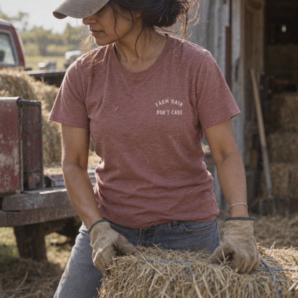 Farm Hair, Don’t Care Tee in Heather Mauve, unloading hay