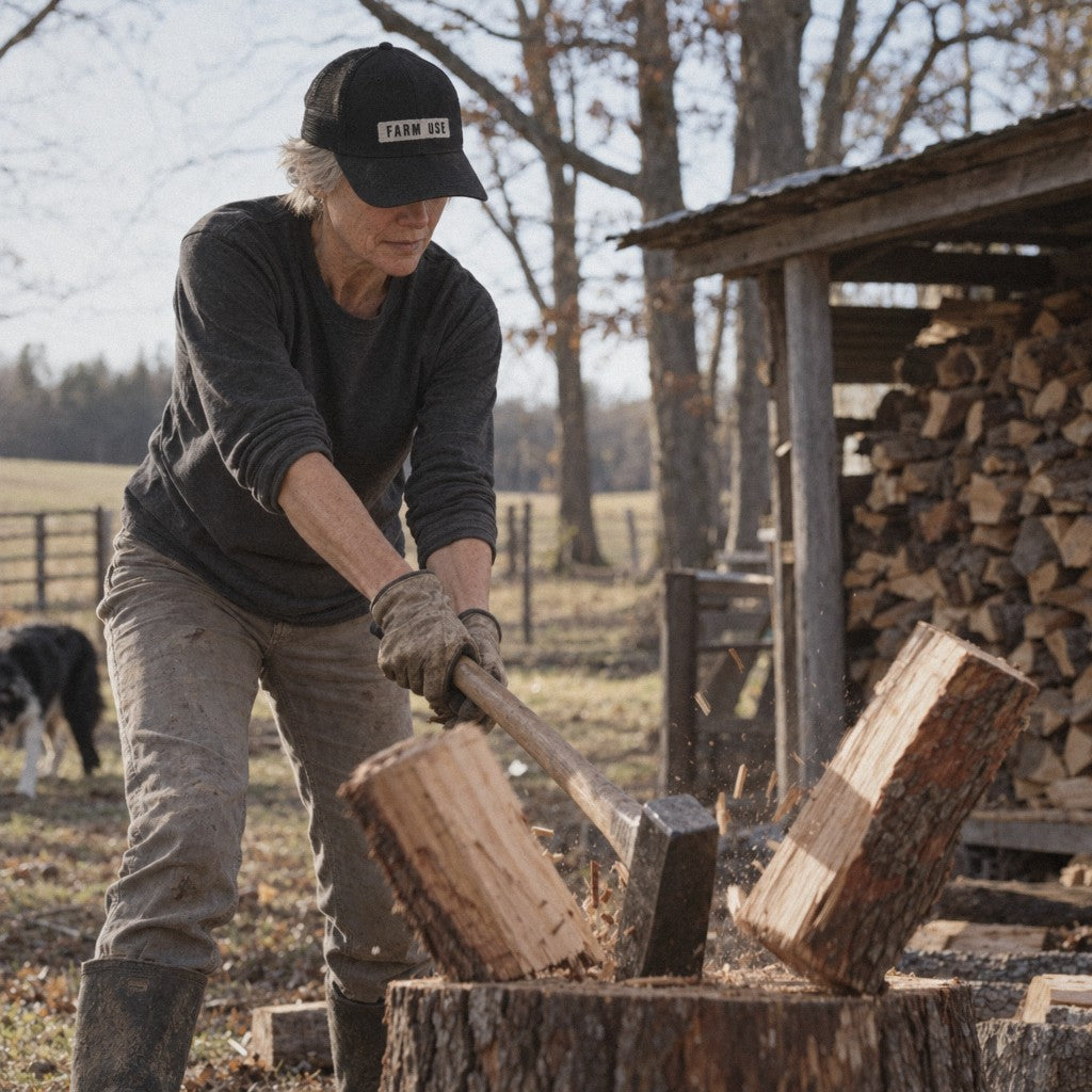 Farm Use Trucker Hat in Black, splitting logs