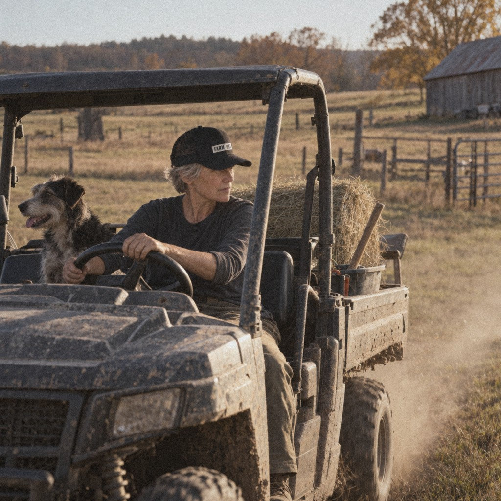 Farm Use Trucker Hat in Black, driving the UTV