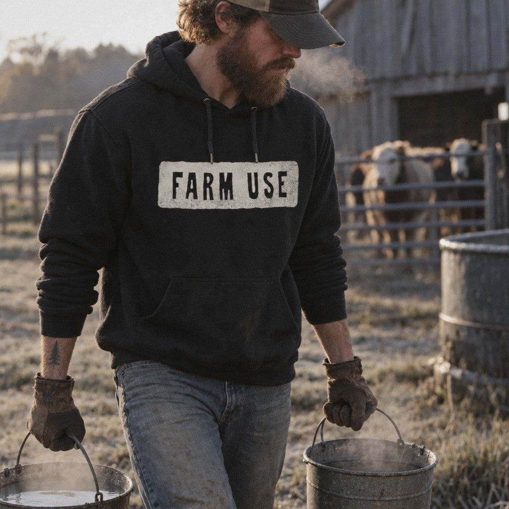 Farm Use Hoodie in Black, frosty morning feed